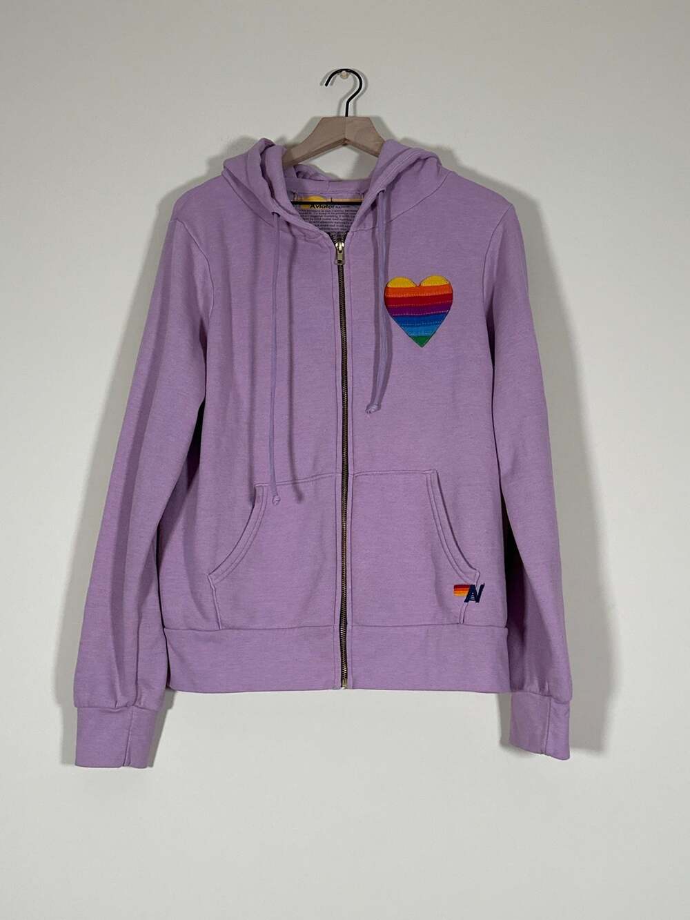 Aviator Nation Rainbow Heart Zip Up Hoodie Lavender Purple Size Large